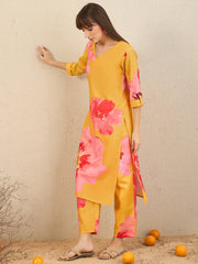 Indo Era Yellow Printed Straight Kurta Trousers Set