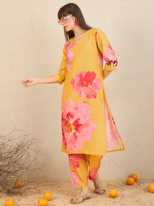 Indo Era Yellow Printed Straight Kurta Trousers Set