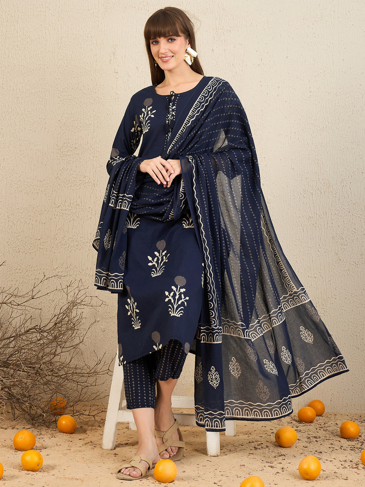 Indo Era Navy Blue Printed Straight Kurta Trousers With Dupatta Set