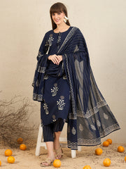 Indo Era Navy Blue Printed Straight Kurta Trousers With Dupatta Set