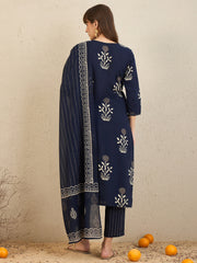 Indo Era Navy Blue Printed Straight Kurta Trousers With Dupatta Set