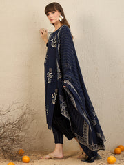 Indo Era Navy Blue Printed Straight Kurta Trousers With Dupatta Set