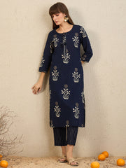 Indo Era Navy Blue Printed Straight Kurta Trousers With Dupatta Set