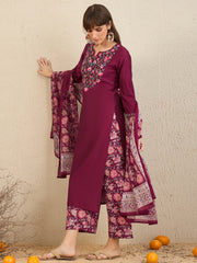 Indo Era Burgundy Embroidered Straight Kurta Palazzos With Dupatta  Set