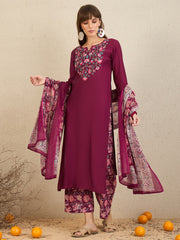 Indo Era Burgundy Embroidered Straight Kurta Palazzos With Dupatta  Set