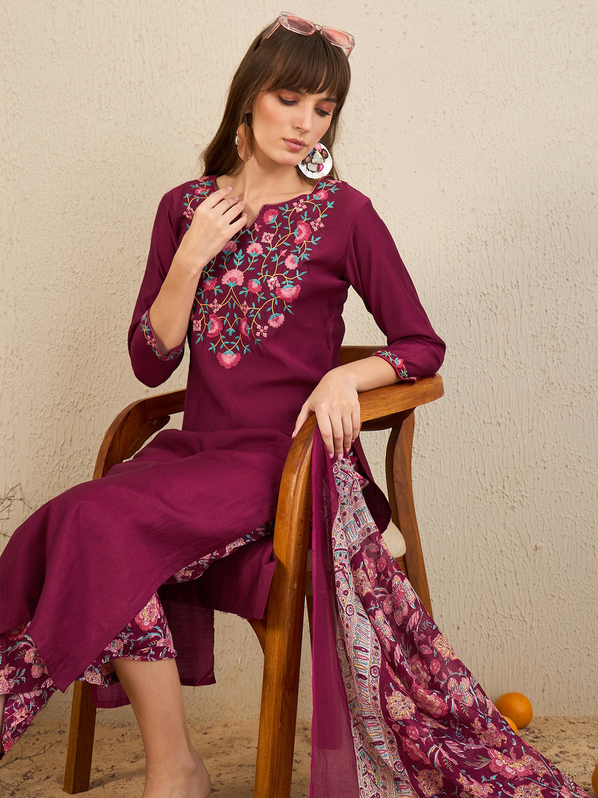 Indo Era Burgundy Embroidered Straight Kurta Palazzos With Dupatta  Set