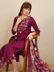 Indo Era Burgundy Embroidered Straight Kurta Palazzos With Dupatta  Set