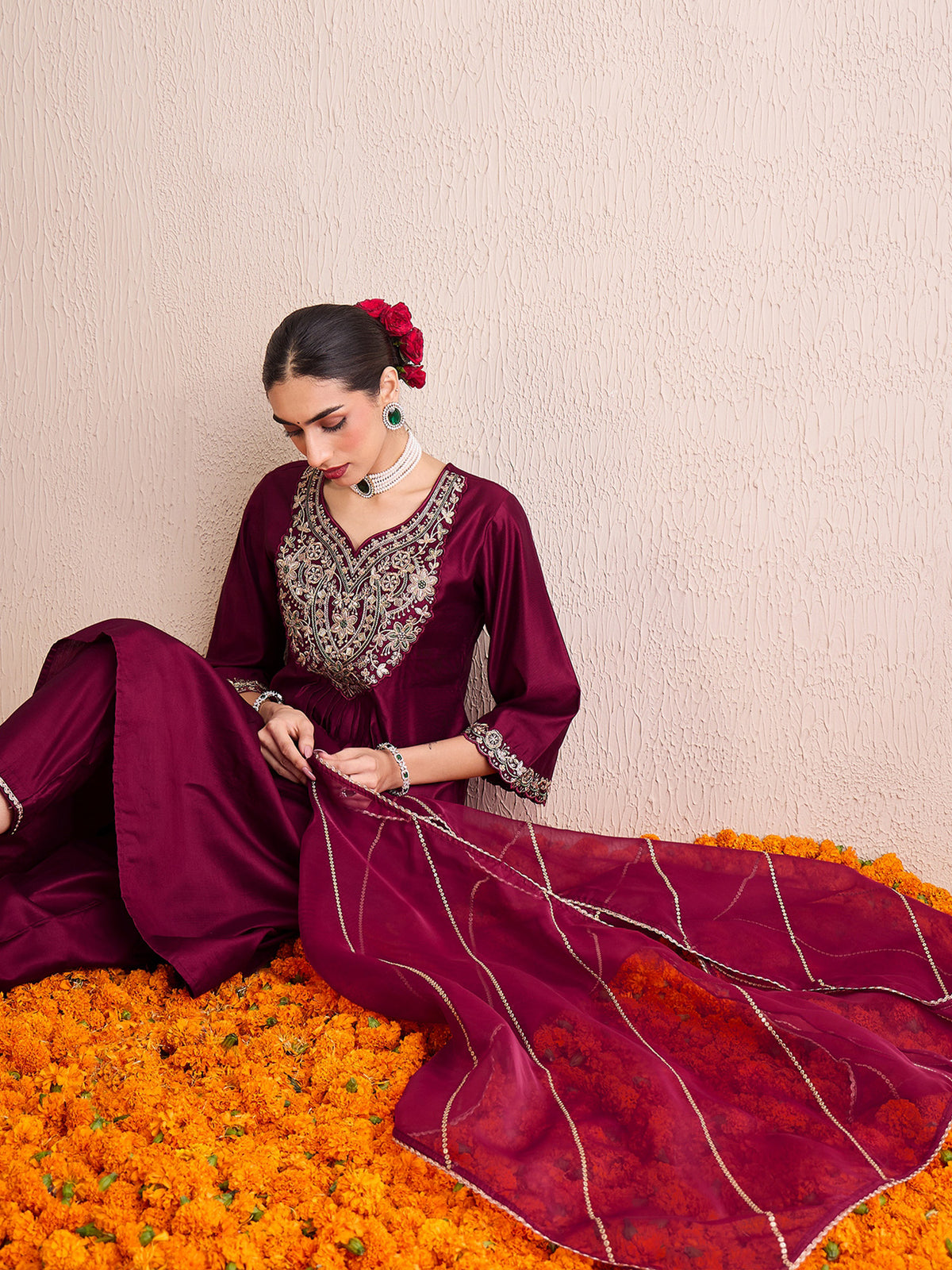 Indo Era Burgundy Embroidered A-Line Kurta Palazzos With Dupatta  Set