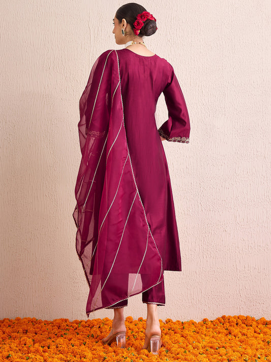 Indo Era Burgundy Embroidered A-Line Kurta Palazzos With Dupatta  Set