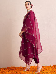 Indo Era Burgundy Embroidered A-Line Kurta Palazzos With Dupatta  Set