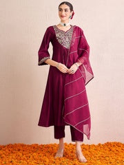 Indo Era Burgundy Embroidered A-Line Kurta Palazzos With Dupatta  Set