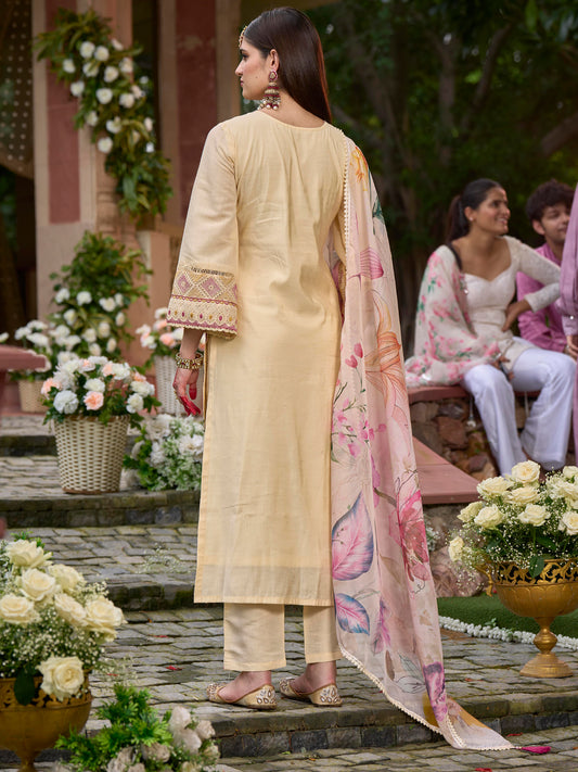 Indo Era Off White Embroidered Straight Kurta Trousers With Dupatta Set