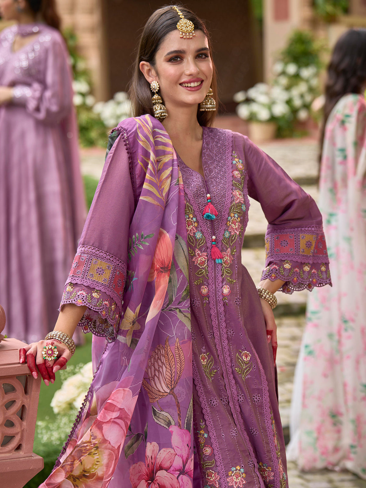 Indo Era Purple Embroidered Straight Kurta Trousers With Dupatta Set