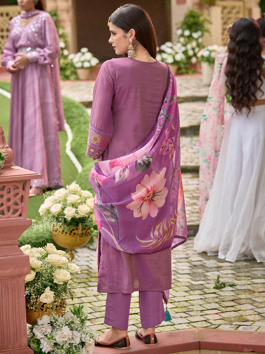 Indo Era Purple Embroidered Straight Kurta Trousers With Dupatta Set