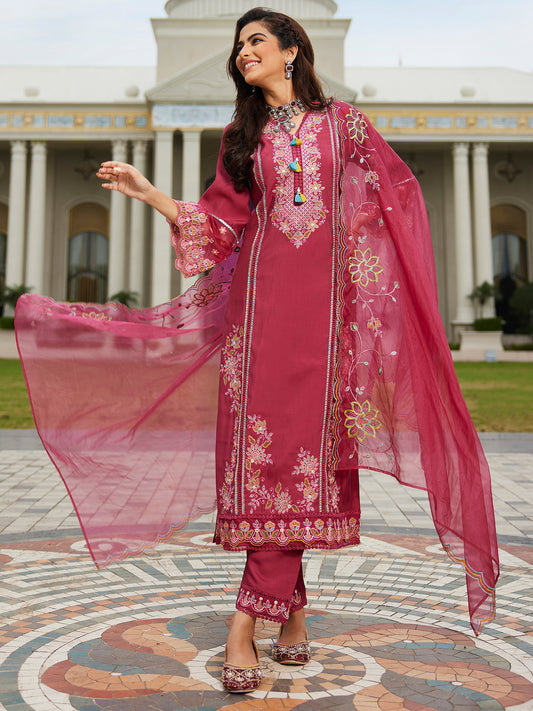 Indo Era Red Embroidered Straight Kurta Trousers With Dupatta Set