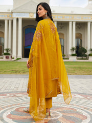 Indo Era Mustard Embroidered A-Line Kurta Trousers With Dupatta set