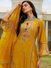 Indo Era Mustard Embroidered A-Line Kurta Trousers With Dupatta set