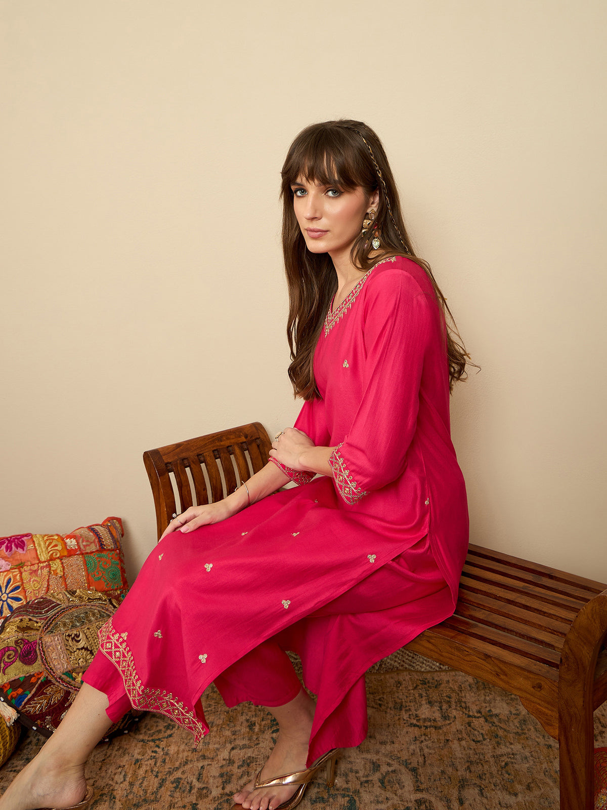 Indo Era Pink Embroidered Straight Kurta Trousers set