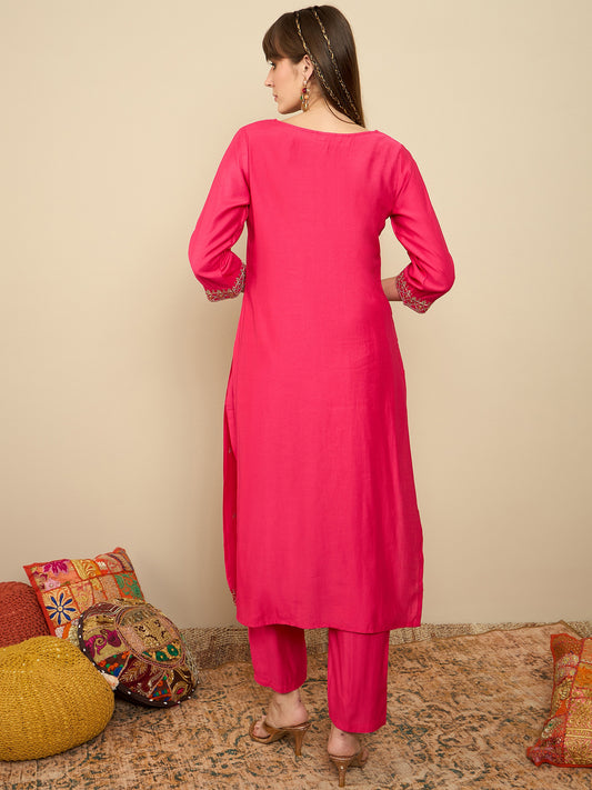 Indo Era Pink Embroidered Straight Kurta Trousers set