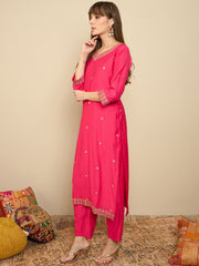 Indo Era Pink Embroidered Straight Kurta Trousers set