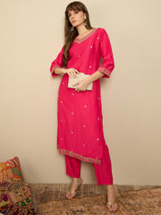 Indo Era Pink Embroidered Straight Kurta Trousers set