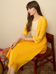 Indo Era Yellow Embroidered Straight Kurta Trousers Set