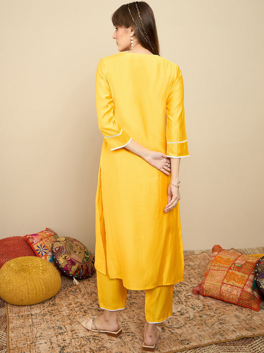 Indo Era Yellow Embroidered Straight Kurta Trousers Set