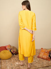 Indo Era Yellow Embroidered Straight Kurta Trousers Set