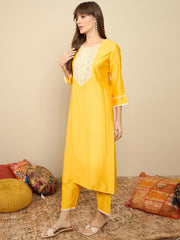 Indo Era Yellow Embroidered Straight Kurta Trousers Set