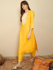 Indo Era Yellow Embroidered Straight Kurta Trousers Set