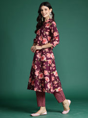 Indo Era Burgundy Printed A-Line Kurta Trousers Set