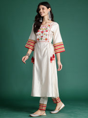 Indo Era Off White Embroidered A-Line Kurta Trousers set