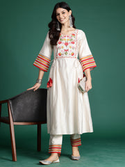 Indo Era Off White Embroidered A-Line Kurta Trousers set