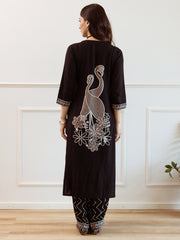 Indo Era Black Embroidered Straight Kurta Trousers  Set