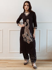 Indo Era Black Embroidered Straight Kurta Trousers  Set