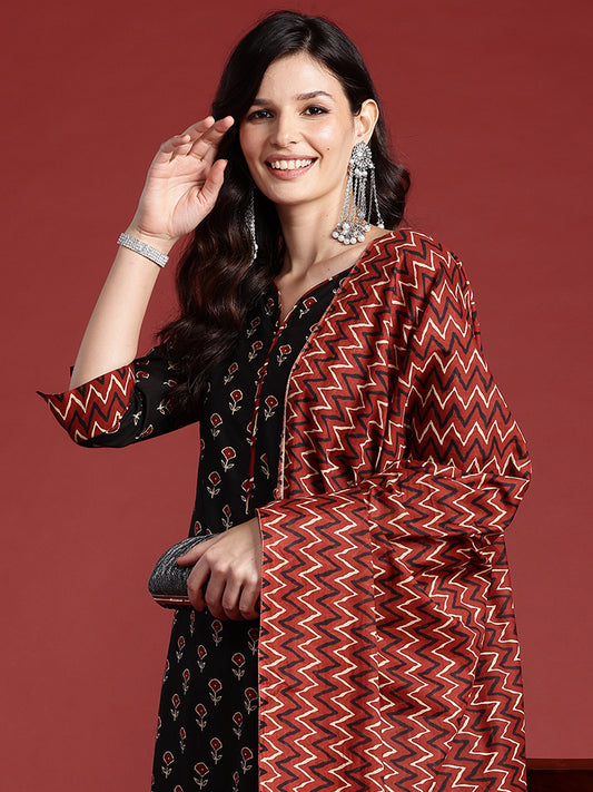 Indo Era Black Printed Straight Kurta Trousers With Dupatta set