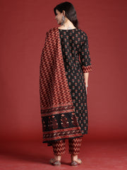 Indo Era Black Printed Straight Kurta Trousers With Dupatta set