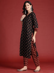 Indo Era Black Printed Straight Kurta Trousers With Dupatta set