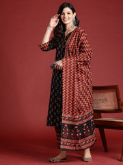 Indo Era Black Printed Straight Kurta Trousers With Dupatta set