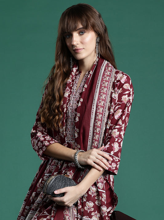 Indo Era Maroon Printed Straight Kurta Trousers With Dupatta set