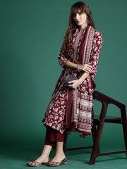 Indo Era Maroon Printed Straight Kurta Trousers With Dupatta set