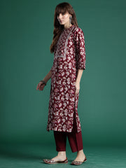 Indo Era Maroon Printed Straight Kurta Trousers With Dupatta set