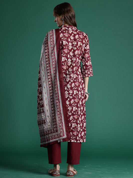 Indo Era Maroon Printed Straight Kurta Trousers With Dupatta set