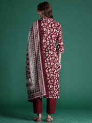 Indo Era Maroon Printed Straight Kurta Trousers With Dupatta set