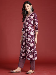 Indo Era Burgundy Printed Straight Kurta Trousers With Dupatta set