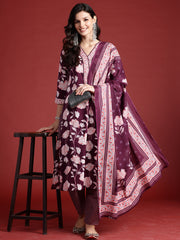 Indo Era Burgundy Printed Straight Kurta Trousers With Dupatta set