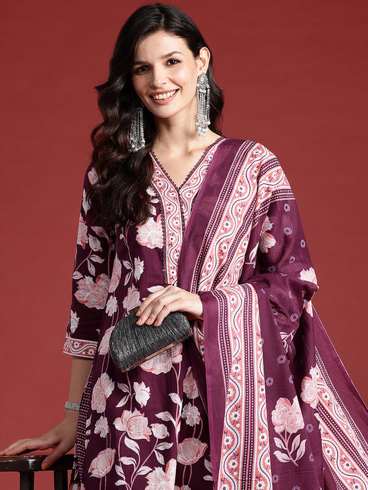 Indo Era Burgundy Printed Straight Kurta Trousers With Dupatta set