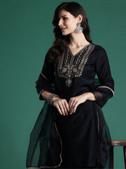 Indo Era Black Embroidered Straight Kurta Sharara With Dupatta  Set