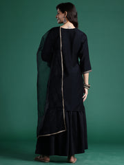 Indo Era Black Embroidered Straight Kurta Sharara With Dupatta  Set