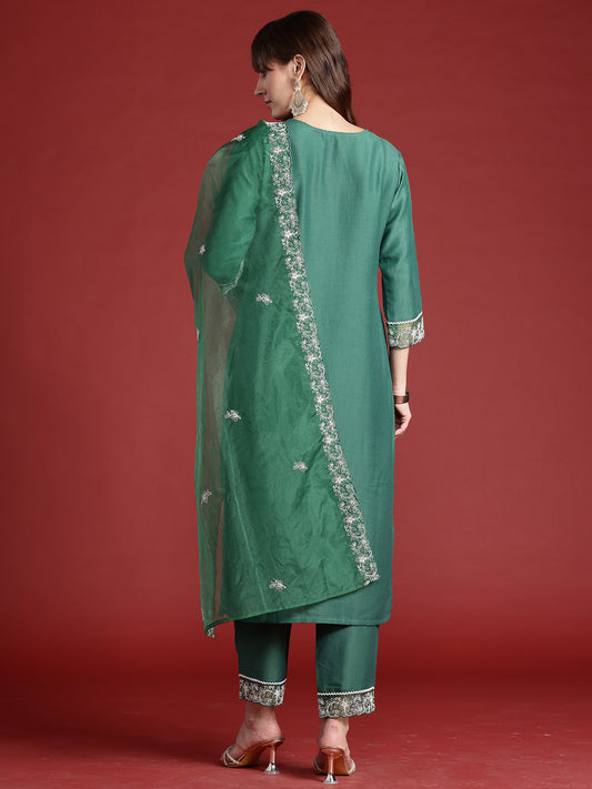 Indo Era Green Embroidered Straight Kurta Trousers With Dupatta set